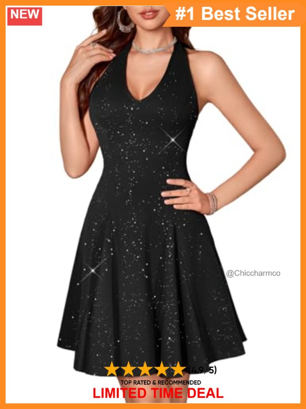 Sparkly Halter Cocktail Dress Deep V-Neck A-Line Mini
